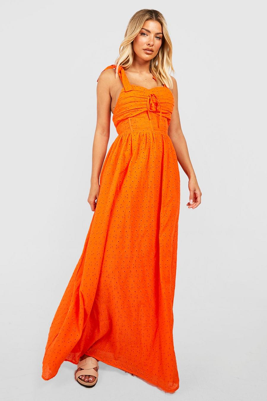 Orange Broderie Strappy Maxi Dress