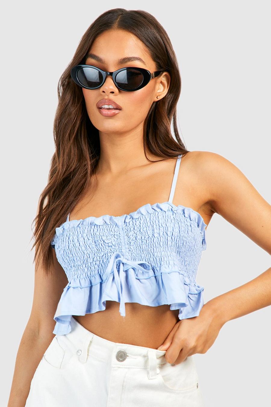 Light blue Shirred Chambray Crop Top