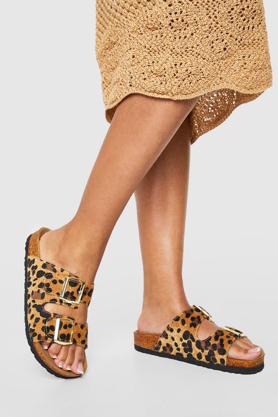 Sandalias de holgura ancha con plantilla blanda, hebilla doble y estampado de leopardo, Leopard