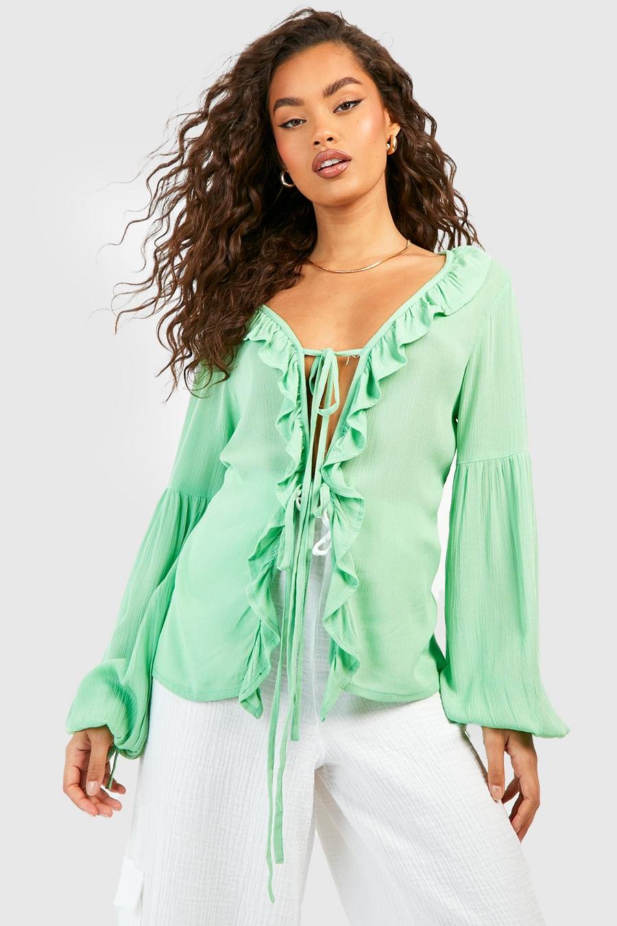 Green Ruffle Front Cheesecloth Top 