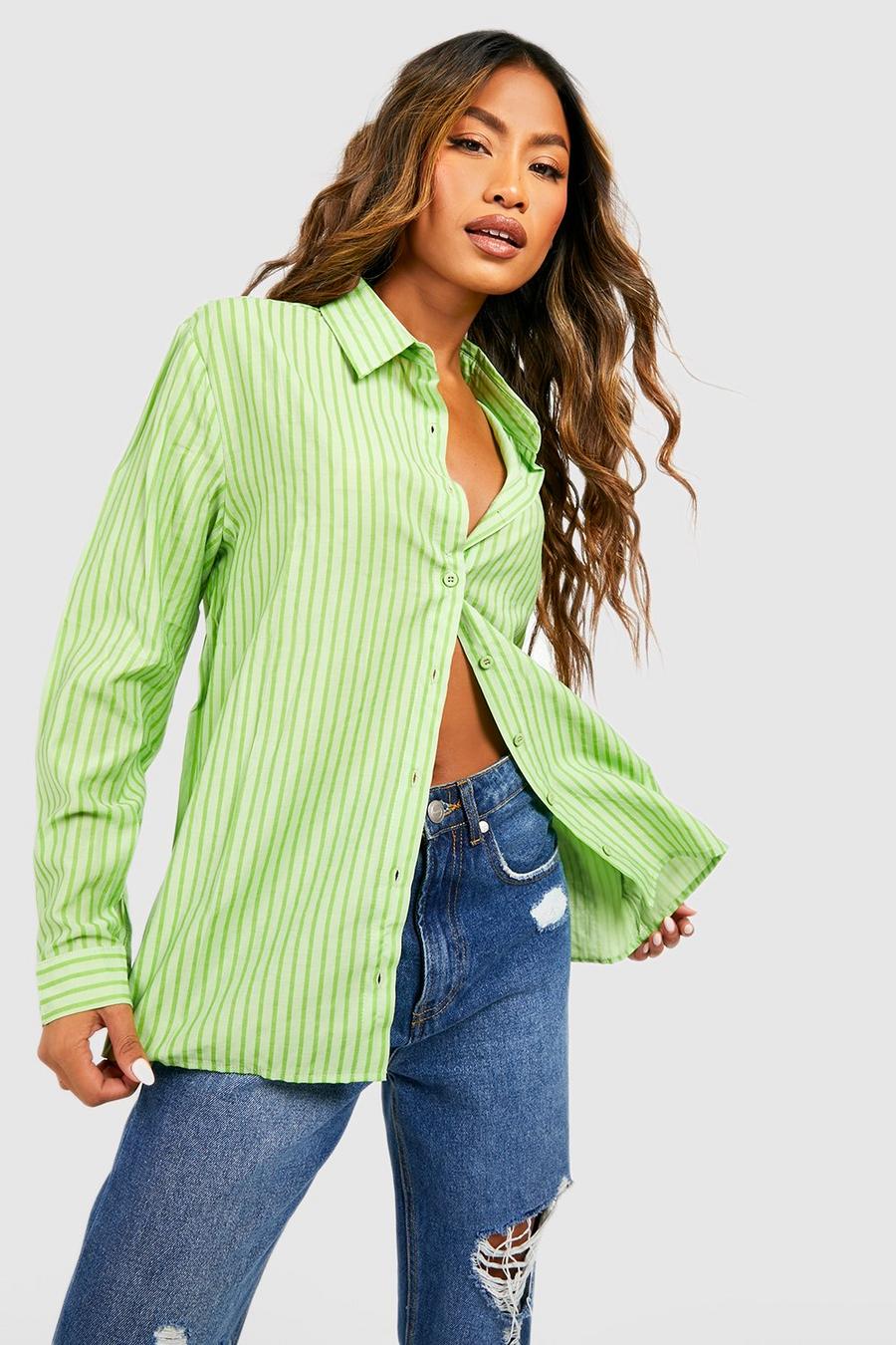 Green Textured Striped Oversized Shirt