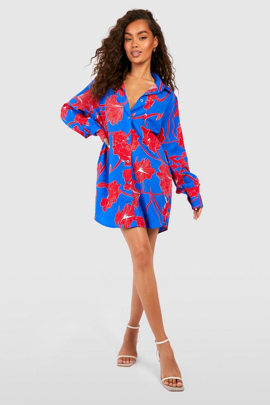 Hemd-Kleid mit abstraktem Blumenprint, Cobalt