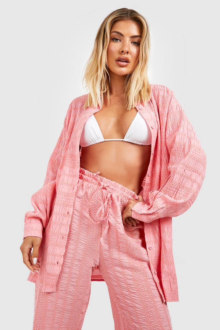 Pink Textured Oversized Beach Shirt