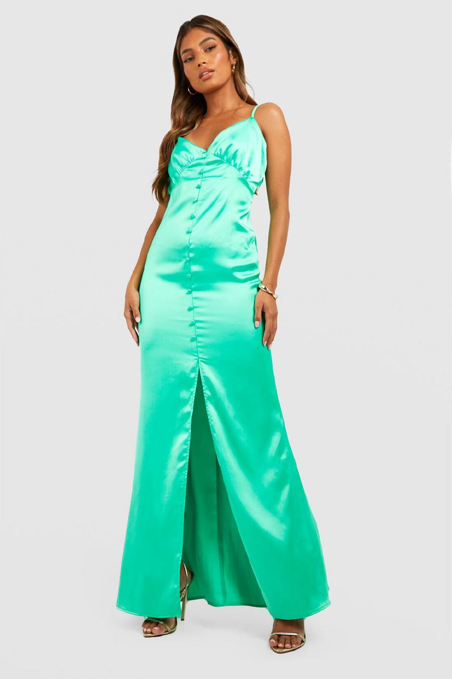 Green Satin Occasion Button Detail Slip Dress