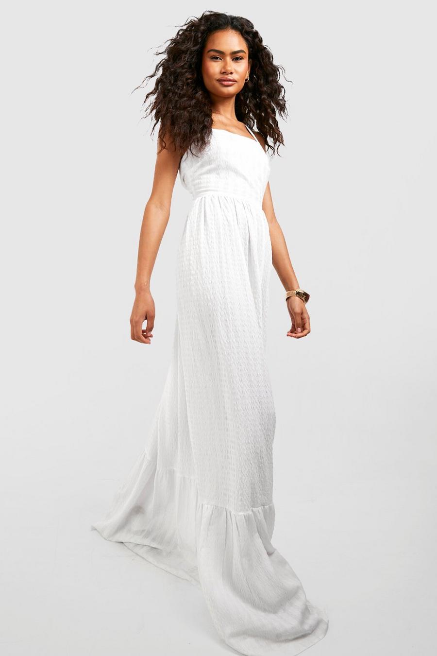 Ivory Textured Open Back Tiered Maxi Dress
