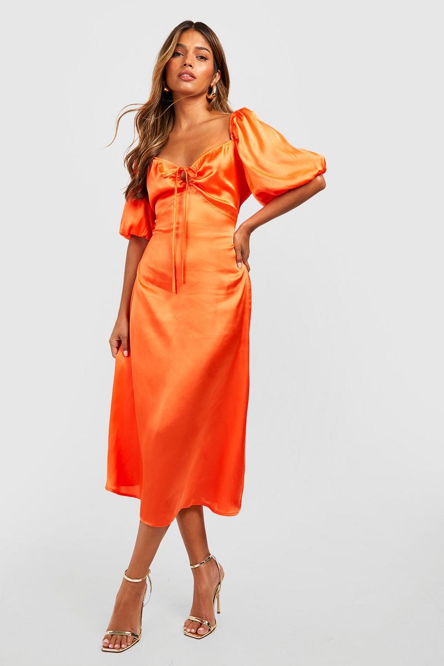 Orange Satin Ruched Puff Sleeve Midi Dress