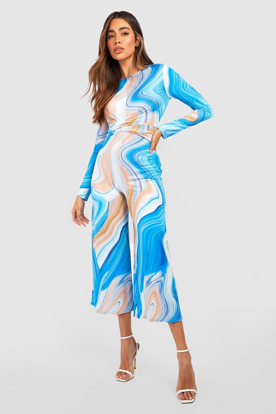 Jumpsuit mit Marmor-Print und Twist-Detail, Blue