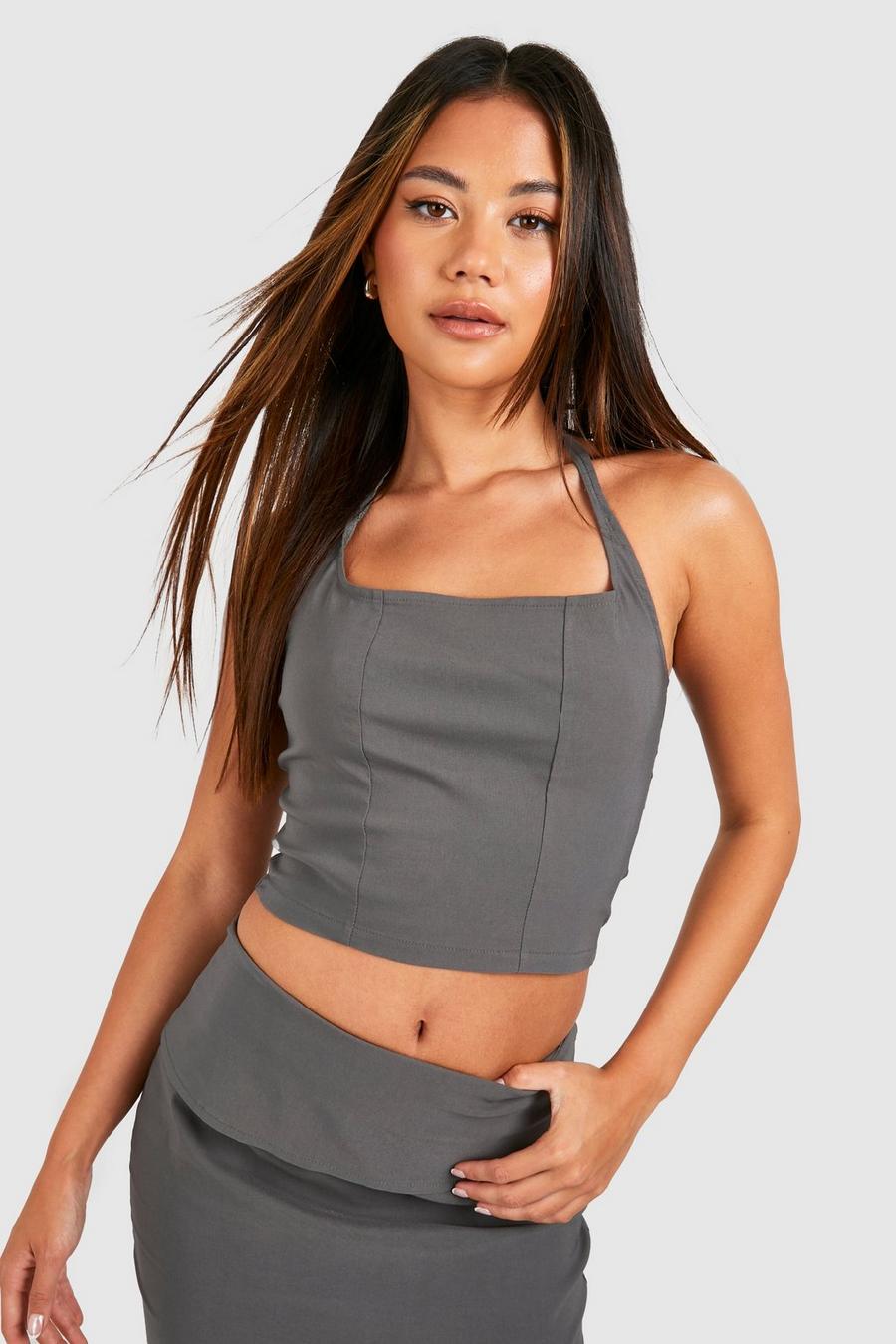 Crop top longuette in Stretch haterneck, Charcoal