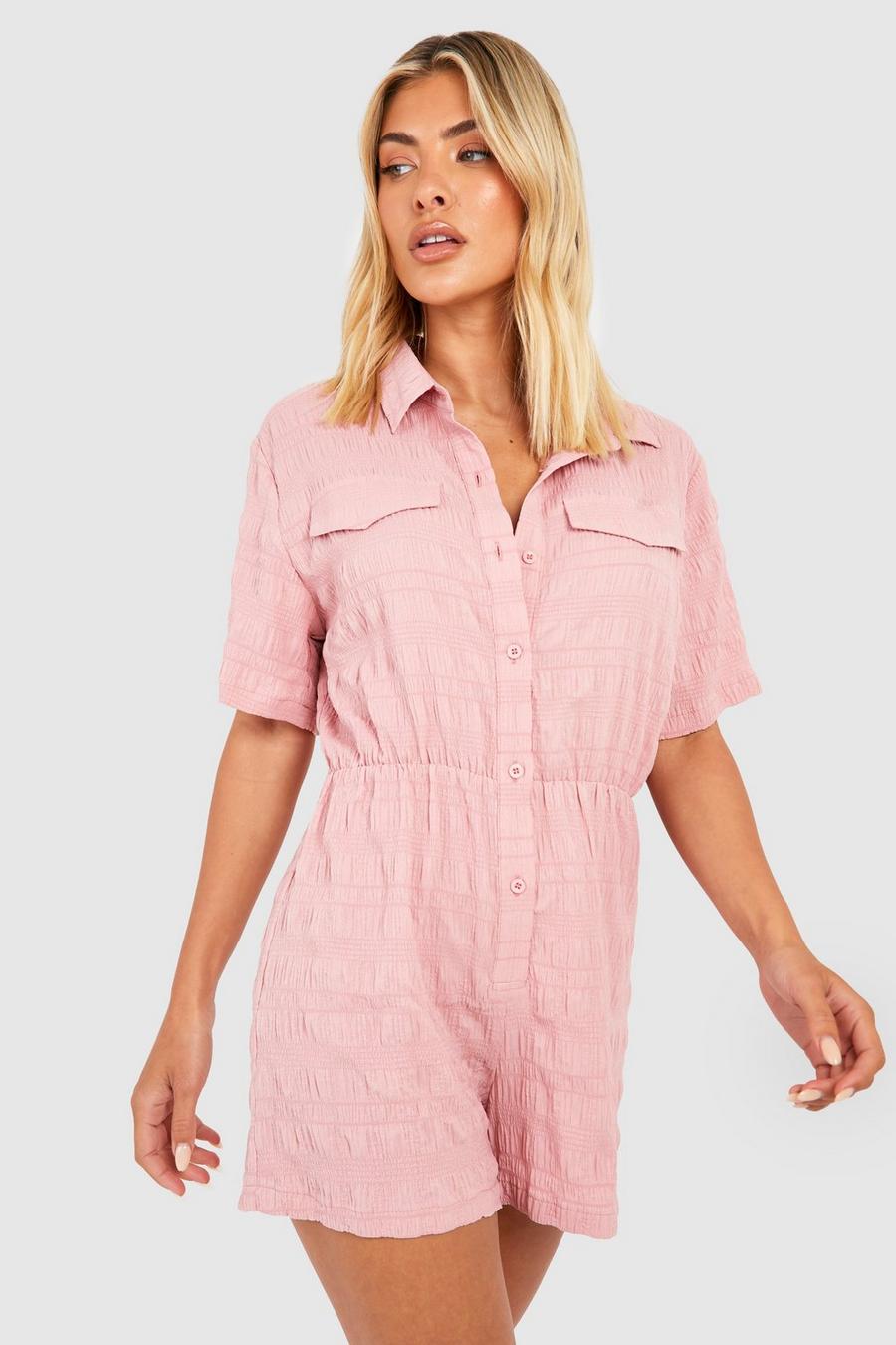 Pink Crinkle Pocket Detail Beach Playsuit