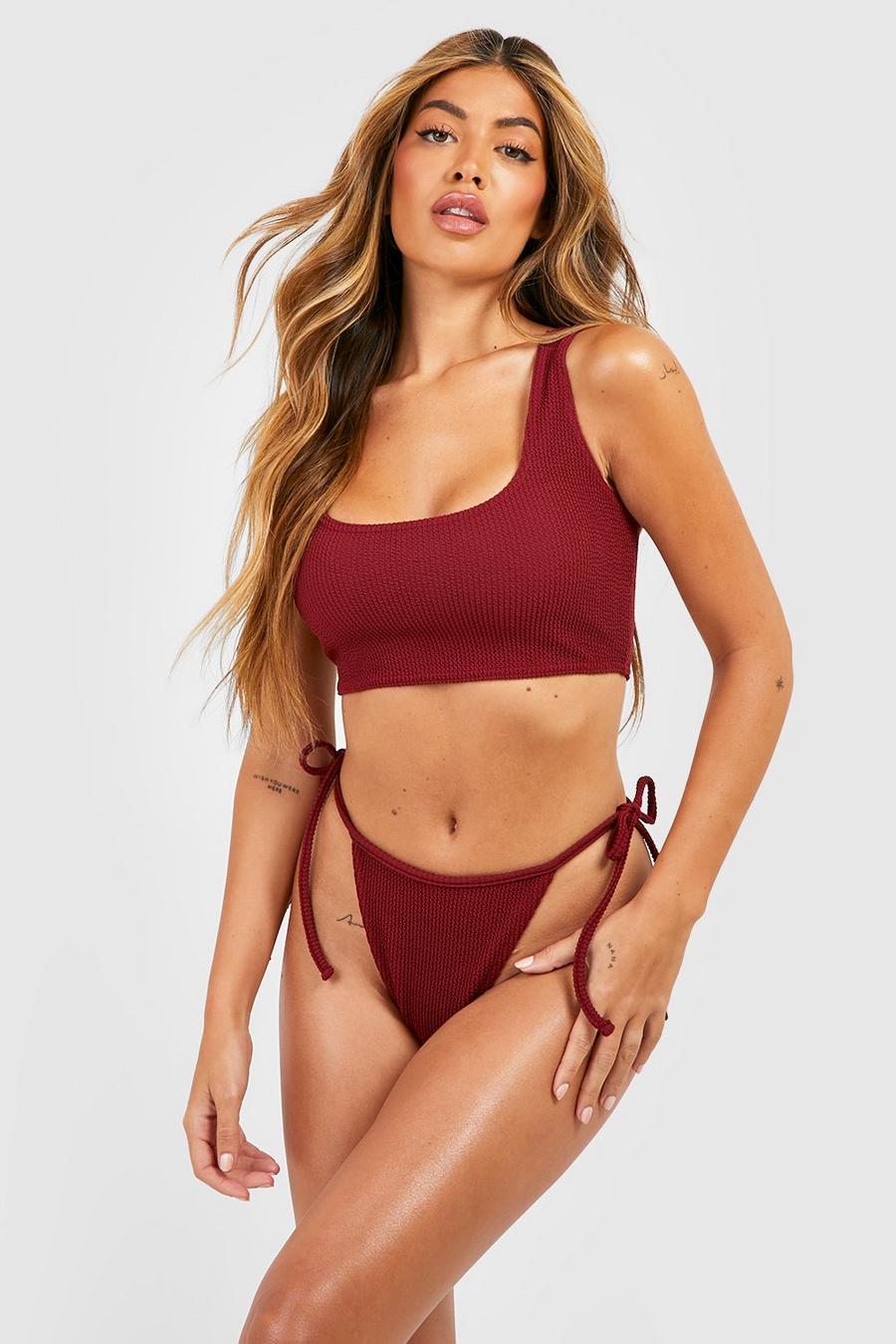 Bikinihose in Knitteroptik mit seitlicher Bindung, Plum