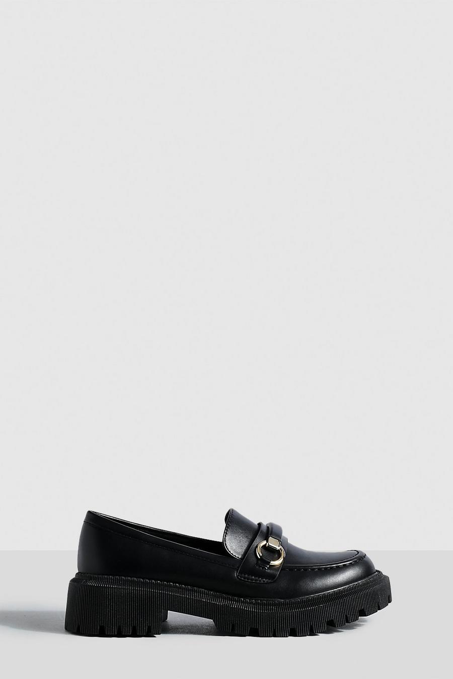 Black Chunky Sole Metal Trim Loafers