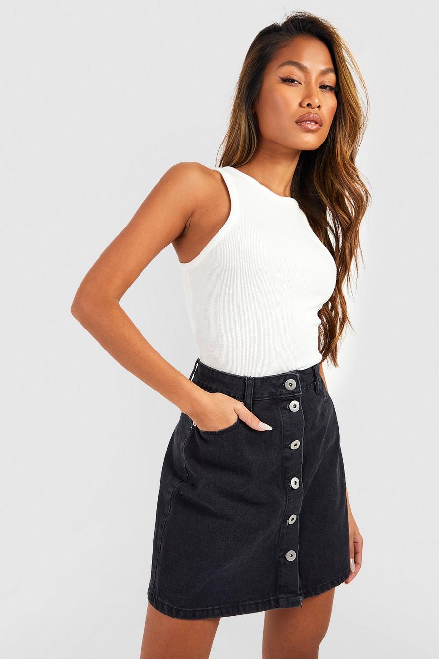 Black Button Through Denim Mini Skirt