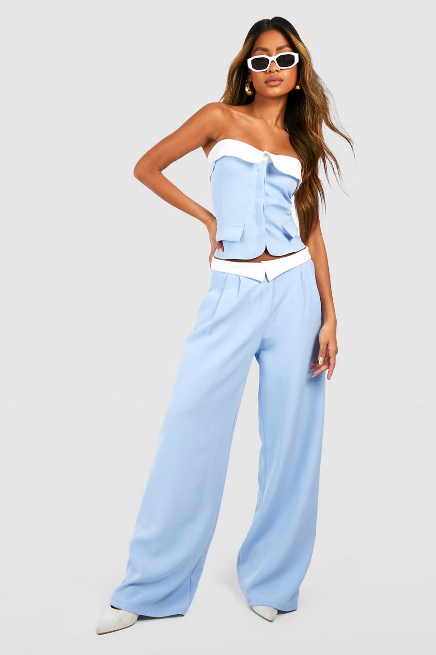 Powder blue Contrast Waistband Tailored Wide Leg Trousers 