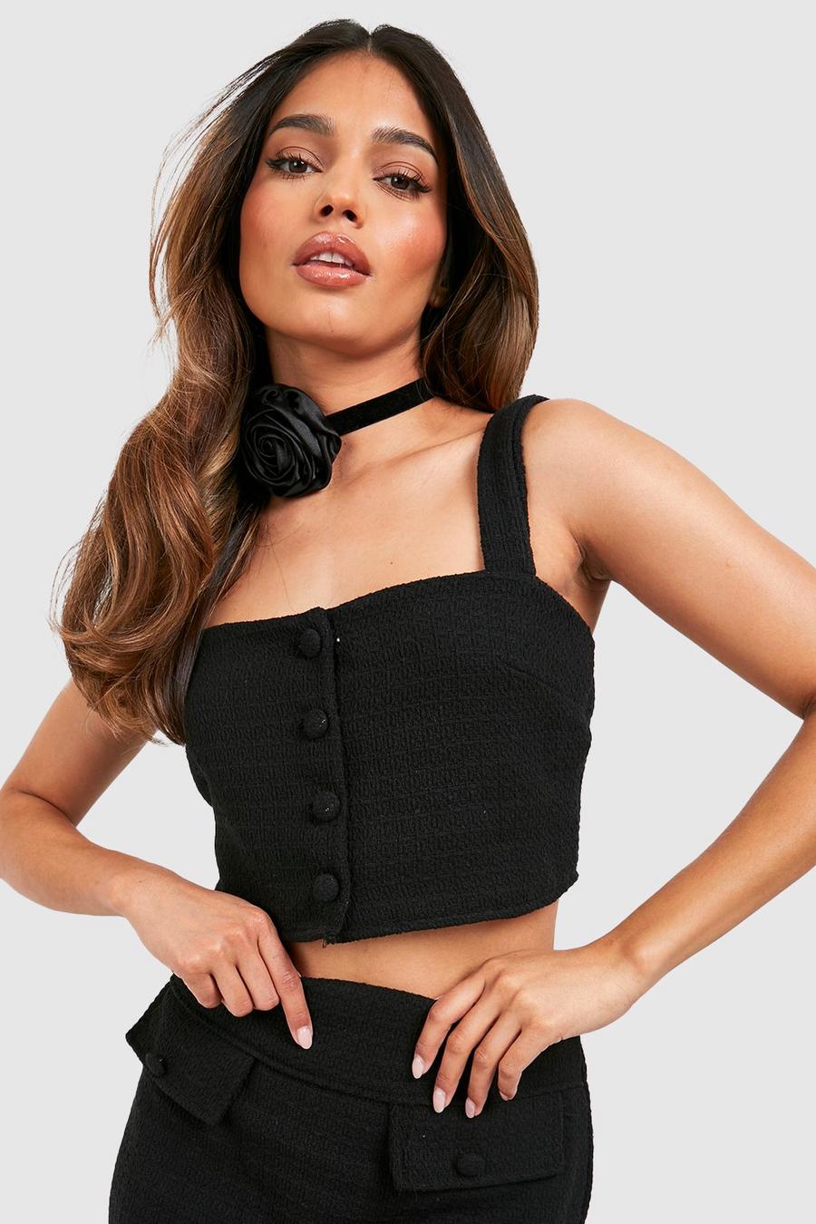 Black Tweed Crop Top Met Vierkante Hals En Knopen