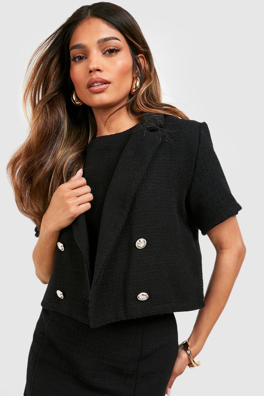 Black Tweed Double Breasted Cropped Blazer