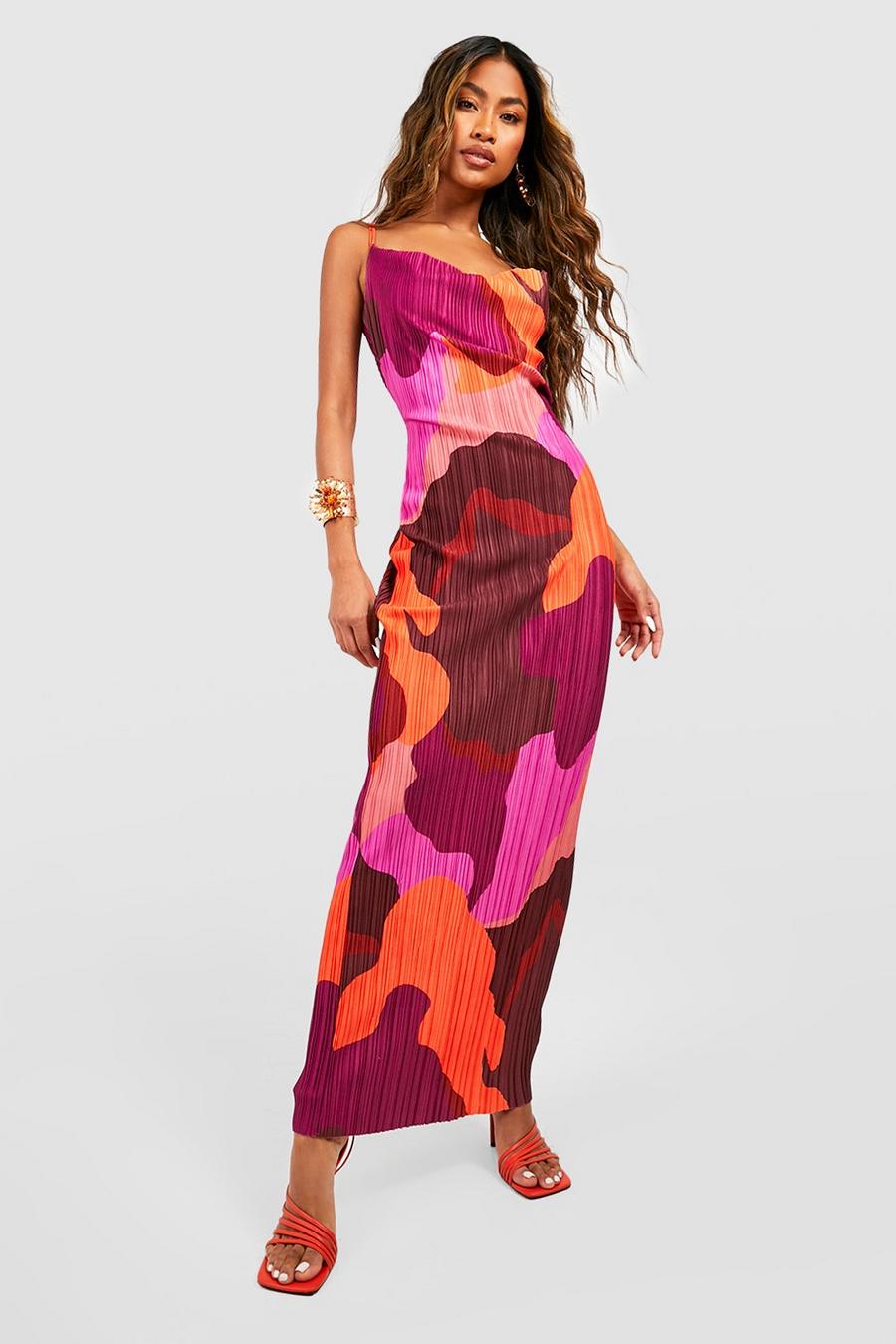 Vestido maxi plisado con estampado abstracto, Purple