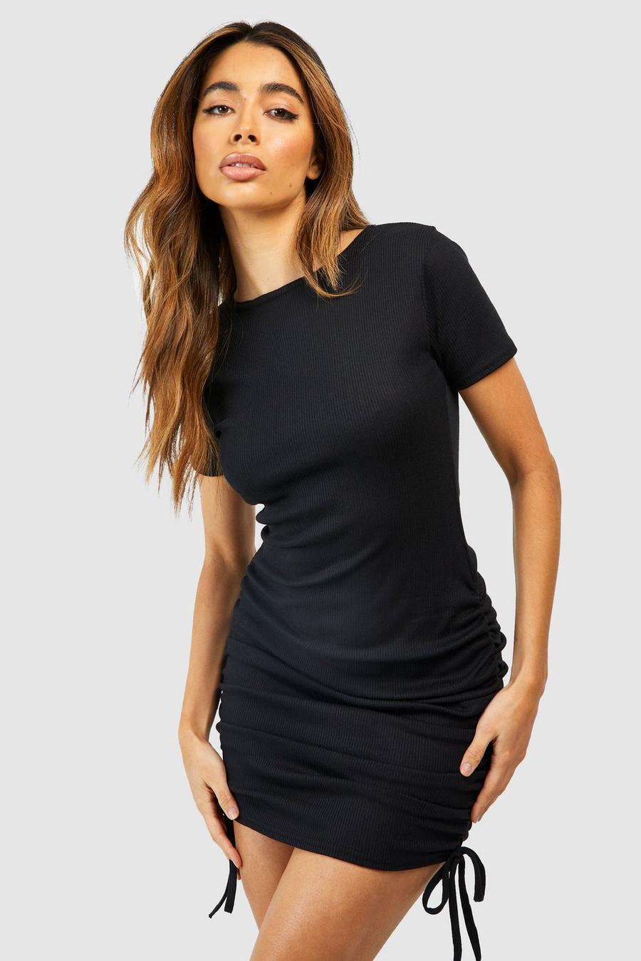 Black Rouched Detail Ribbed Mini Bodycon Dress