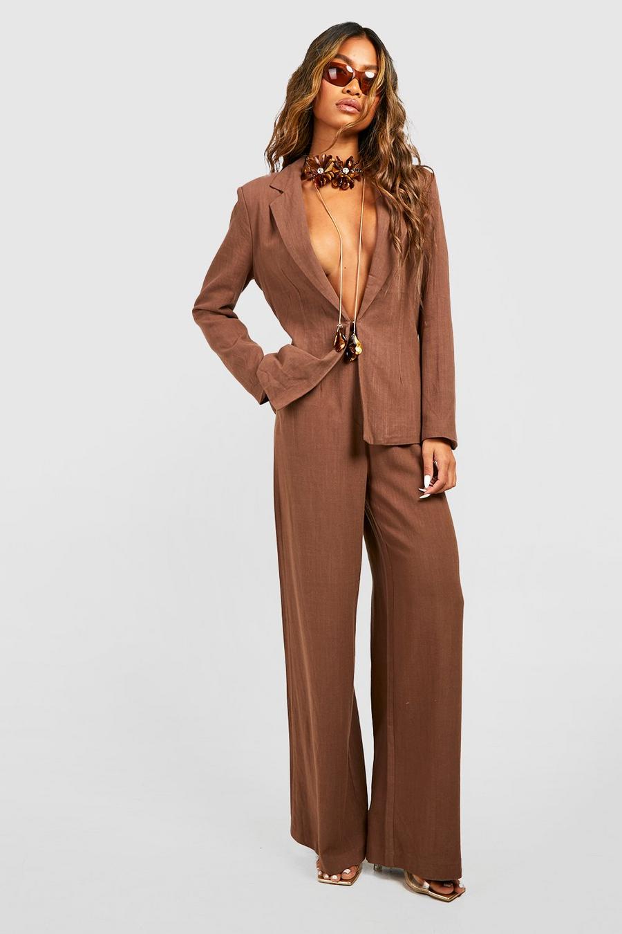 Chocolate Linen Wide Leg Trousers image number 1
