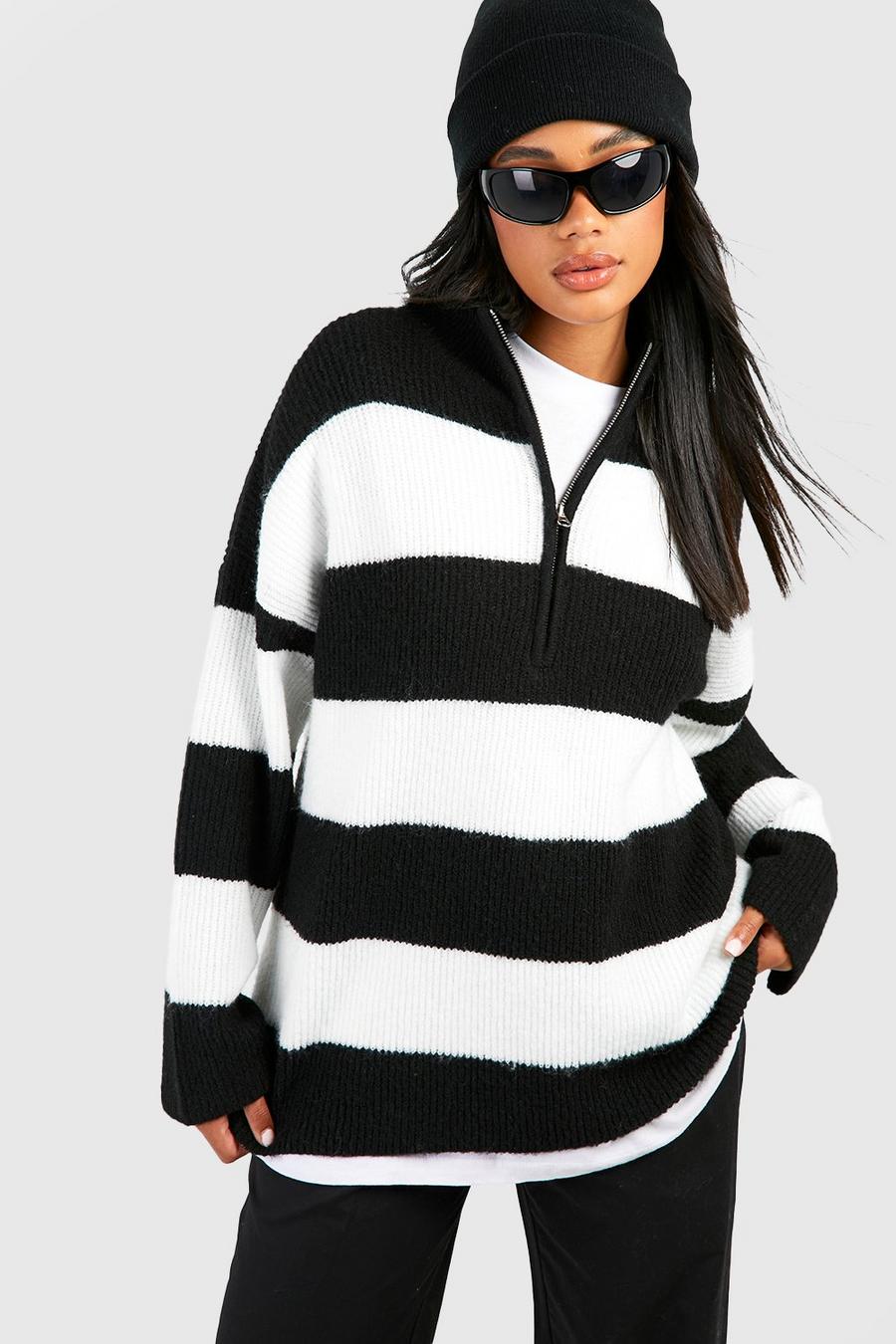 Black Half Zip Soft Knit Stripe Sweater