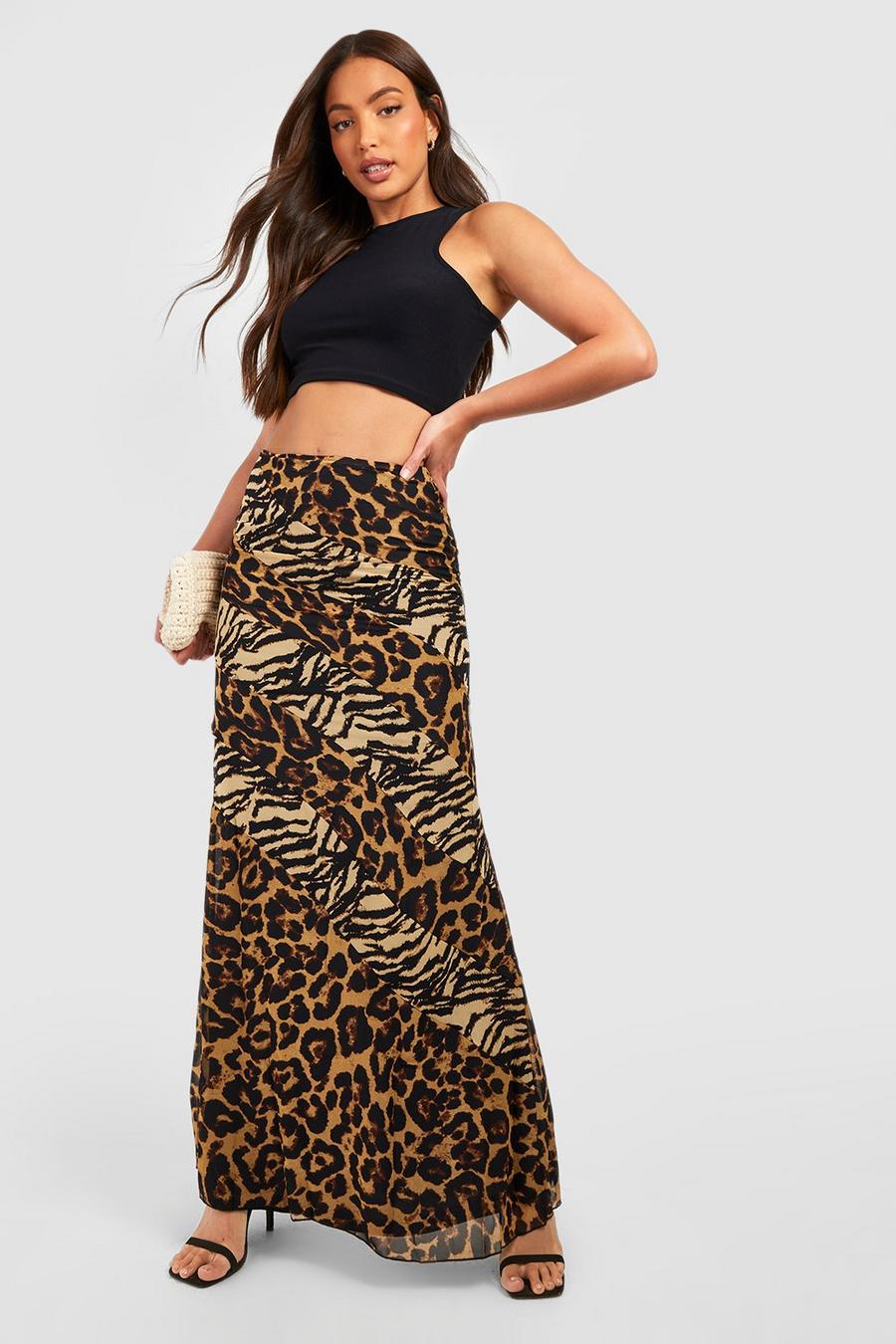 Brown Tall Spliced Animal Chiffon Maxi Slip Skirt image number 1
