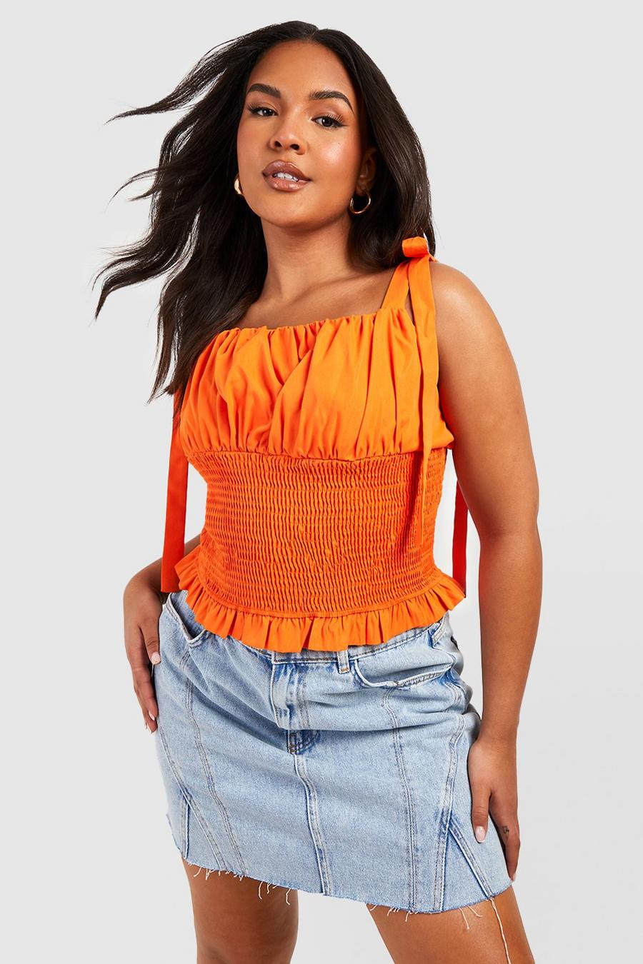 Top Plus Size increspato in vita con laccetti sulle spalle, Orange