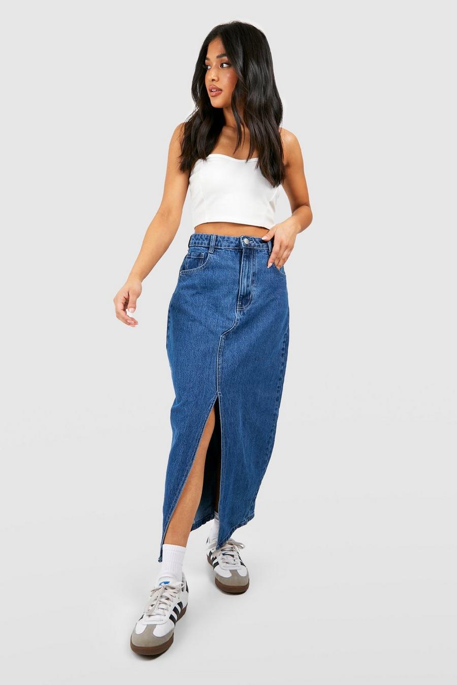 Gonna maxi Petite in denim con spacco frontale, Mid blue image number 1