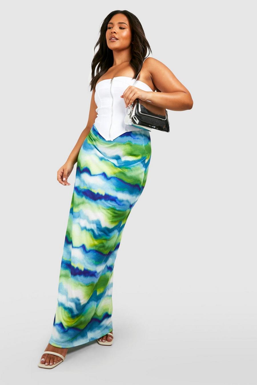 Blue Plus Marble Print Jersey Maxi Skirt