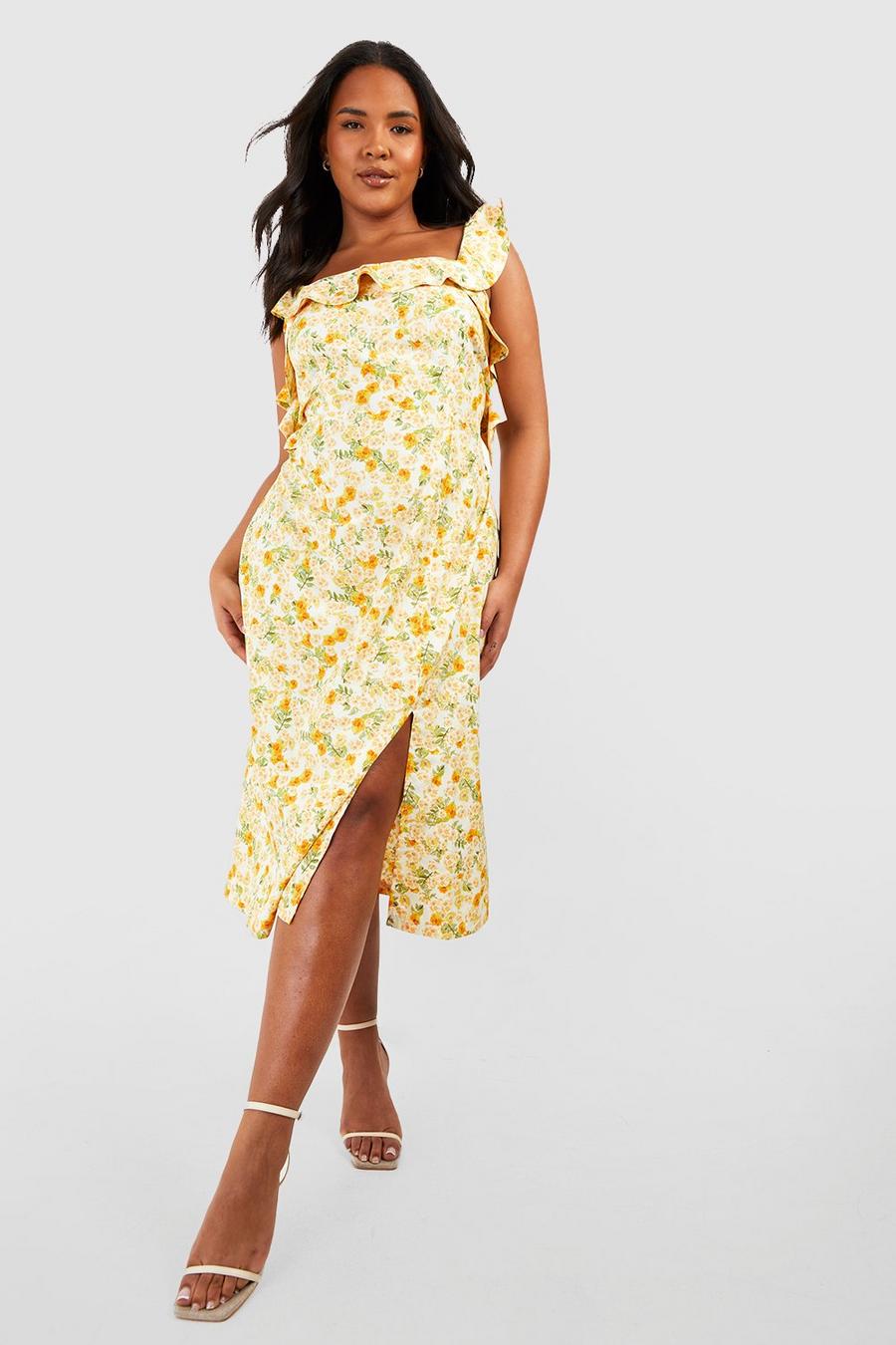 Yellow Plus Floral Ruffle Tie Back Midi Dress