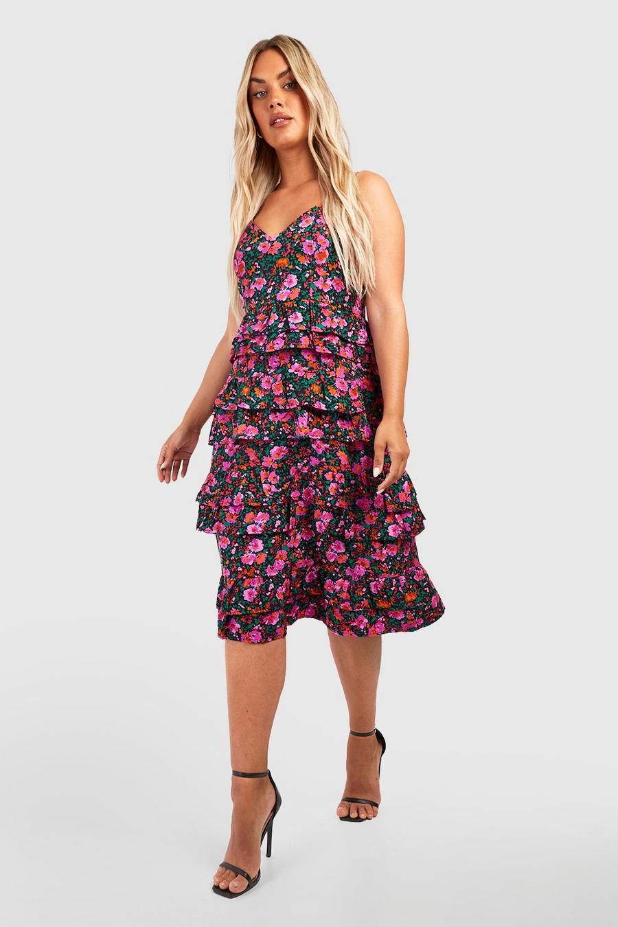 Black Plus Floral Ruffle Detail Strappy Midiaxi Dress