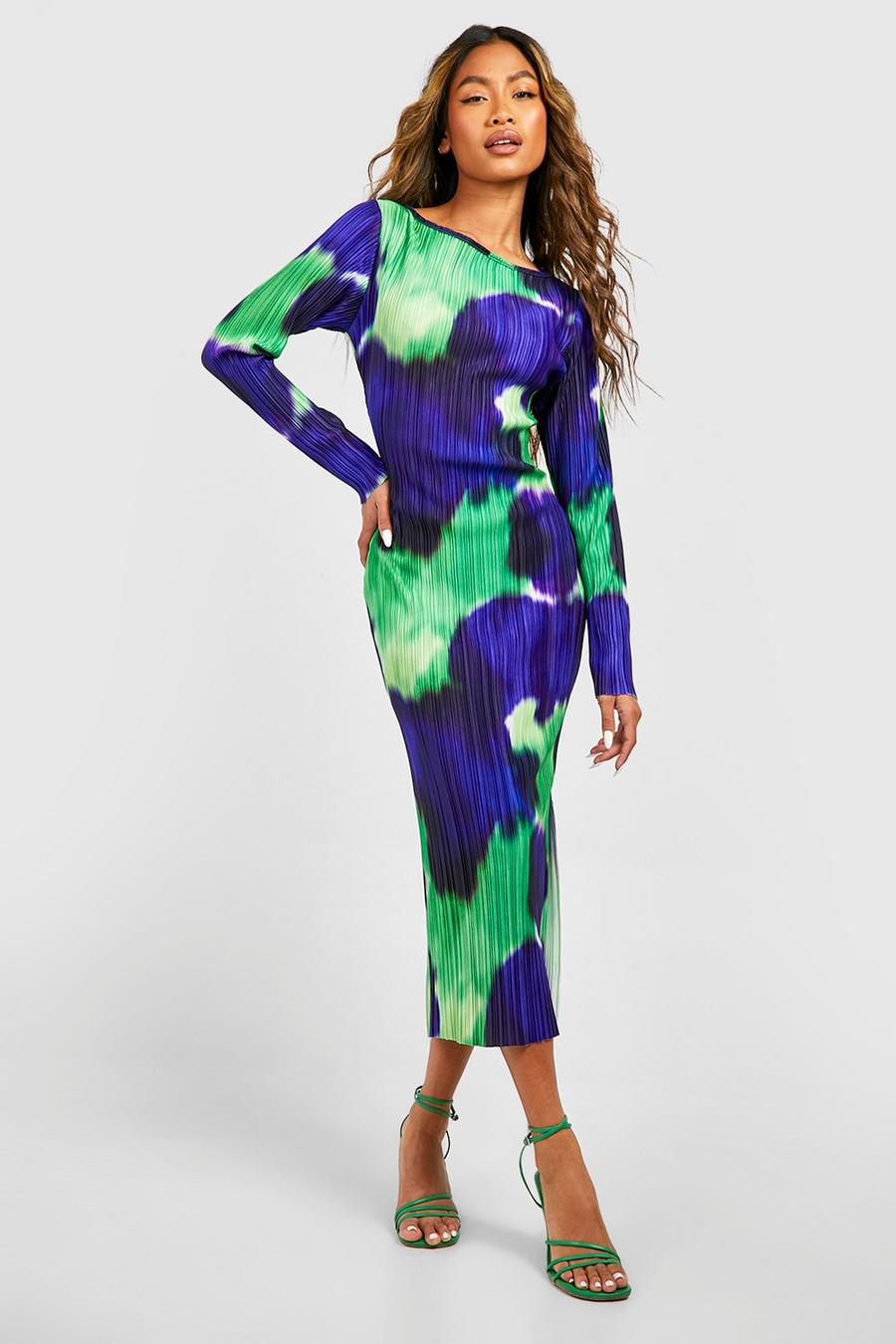 Green Abstract Printed Plisse Midi Dress image number 1