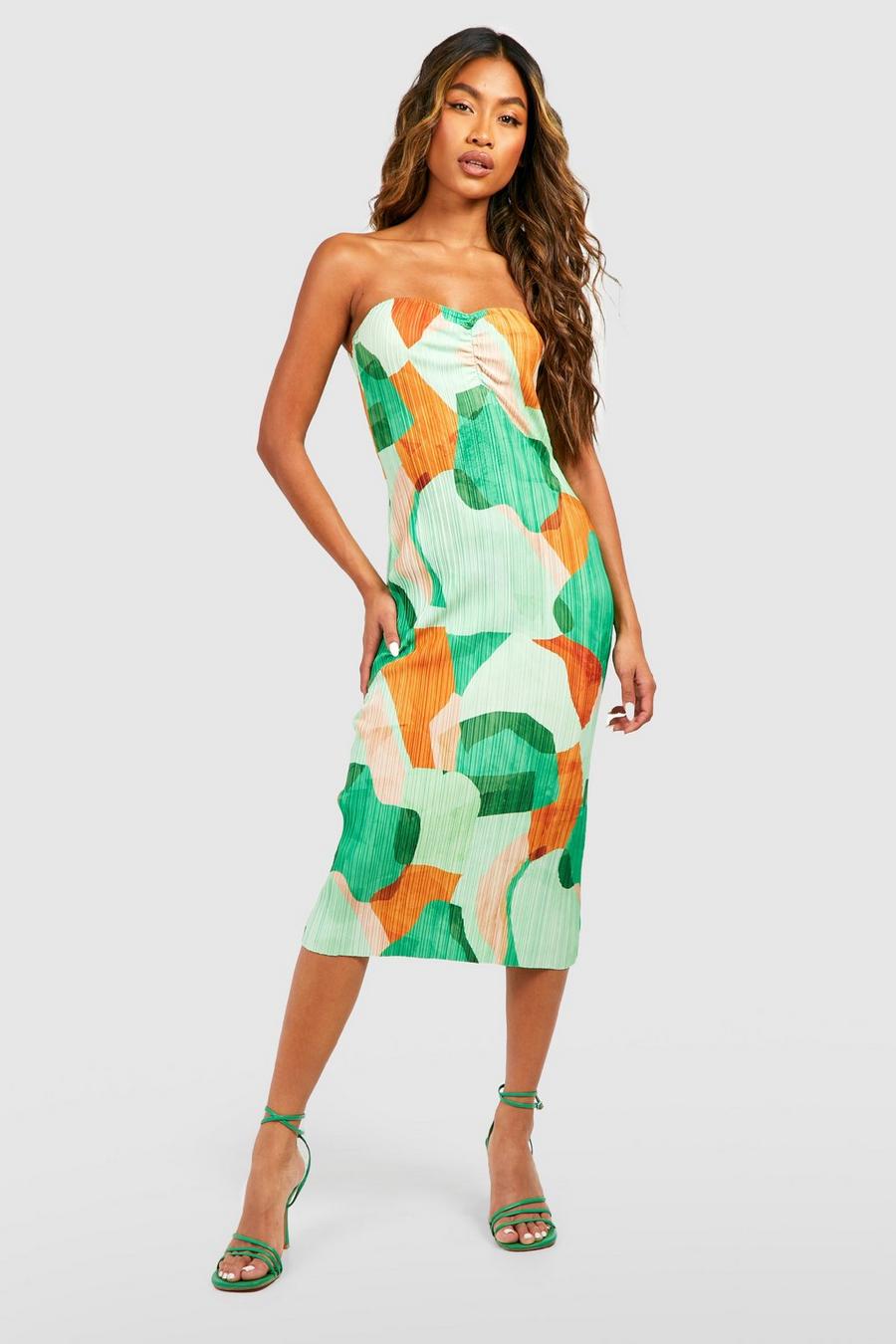 Green Abstract Printed Plisse Bandeau Midi Dress image number 1
