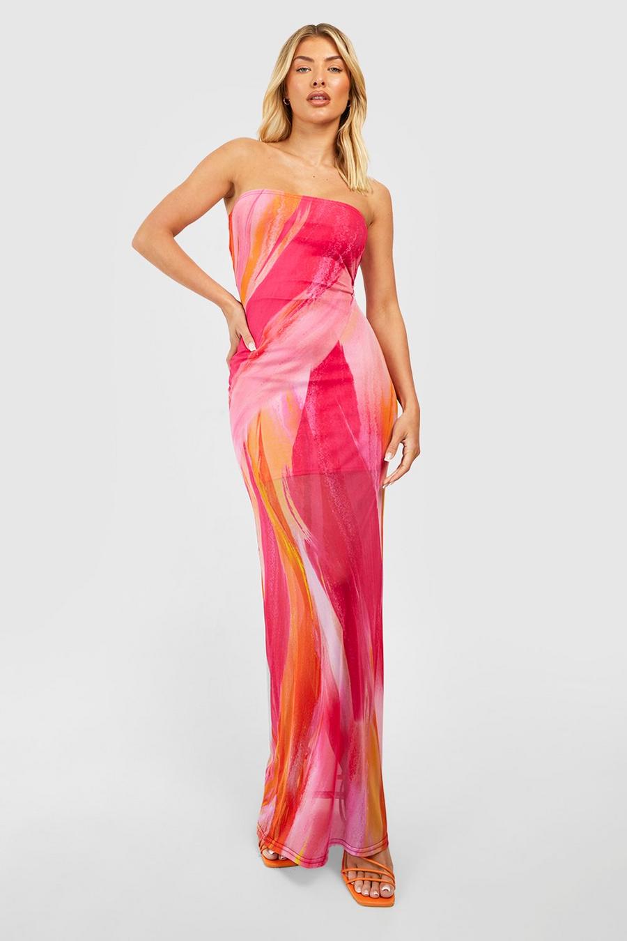 Vestito maxi a fascia in rete con stampa astratta, Hot pink