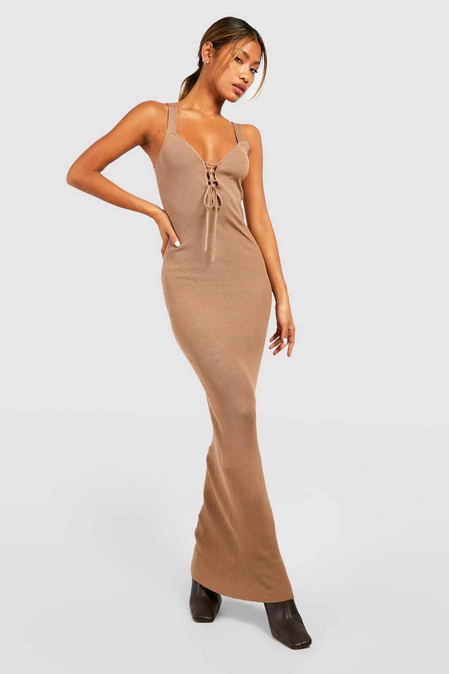 Taupe Plunge Lace Up Rin Knit Maxi Dress