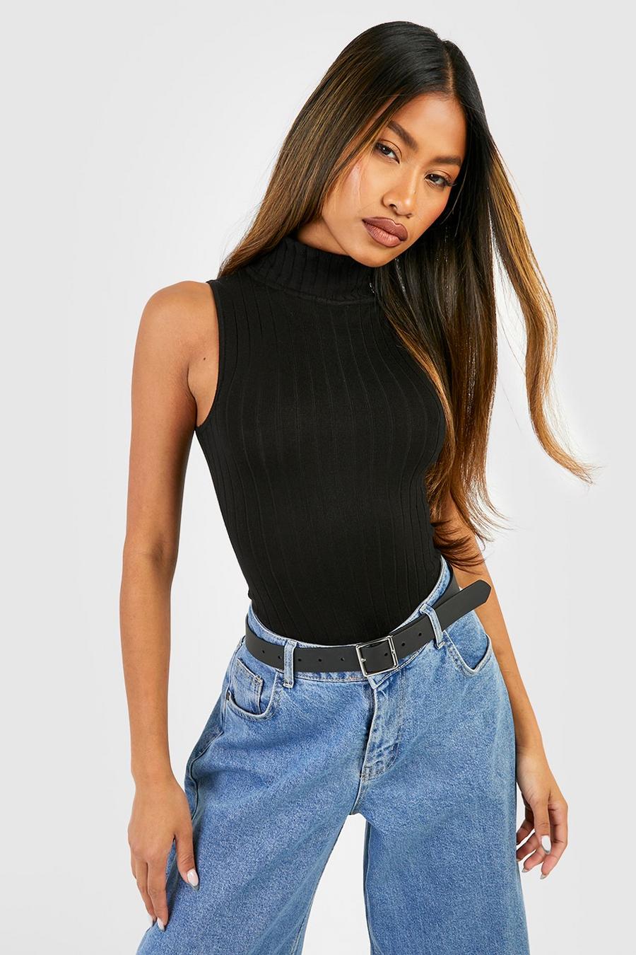 Black Wide Rib Knit Roll Neck Sleeveless Bodysuit