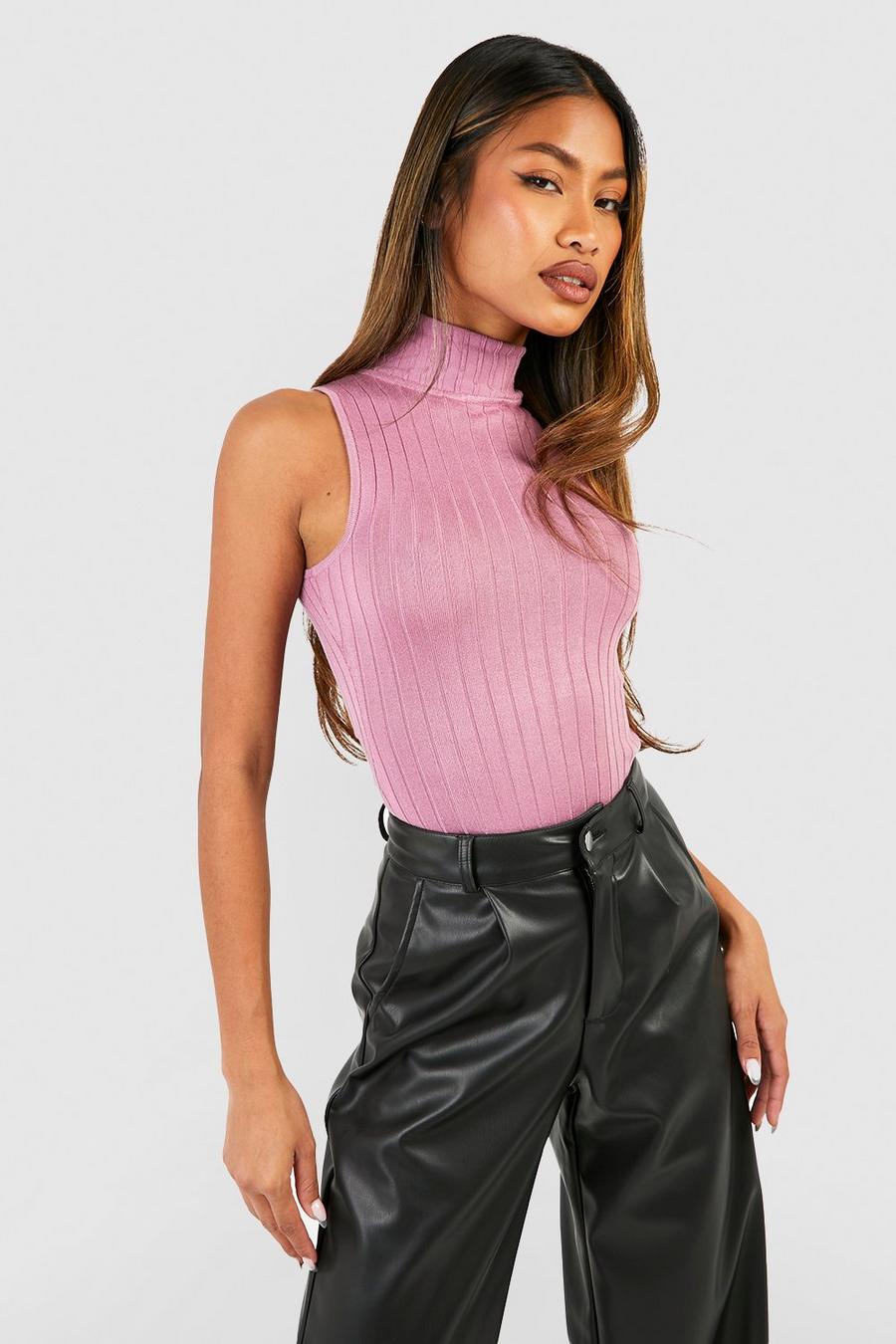 Mauve Geribbelde Gebreide Mouwloze Bodysuit Met Col