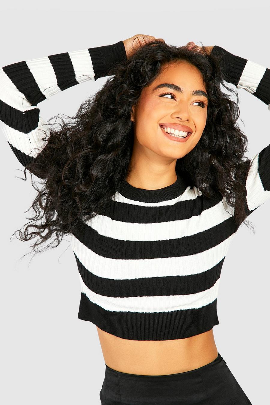 Black Wide Stripe Rib Knit Fine Gauge Sweater