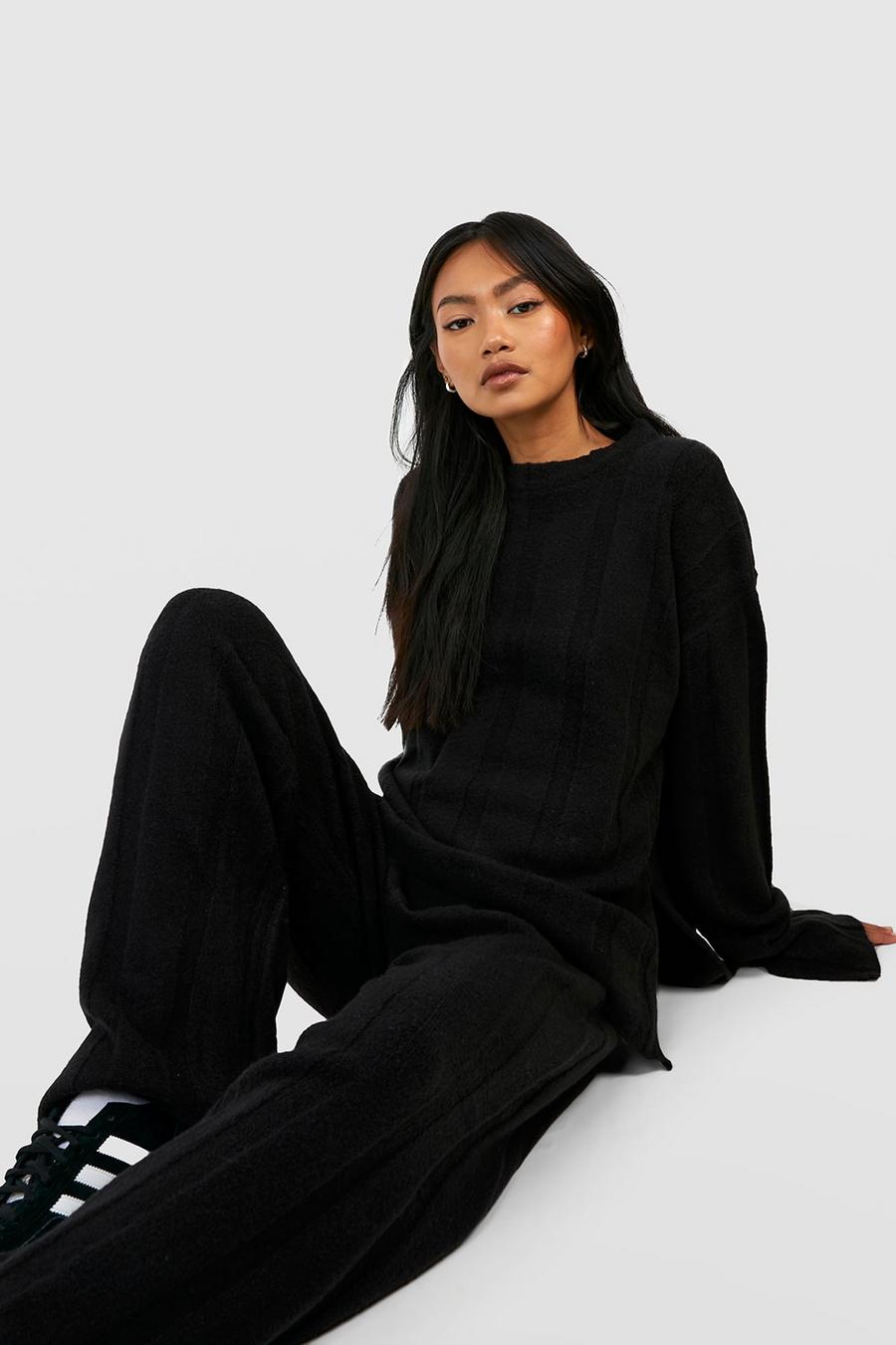 Black Soft Knit Wide Rib Jumper And Flares Knitted Co-ord