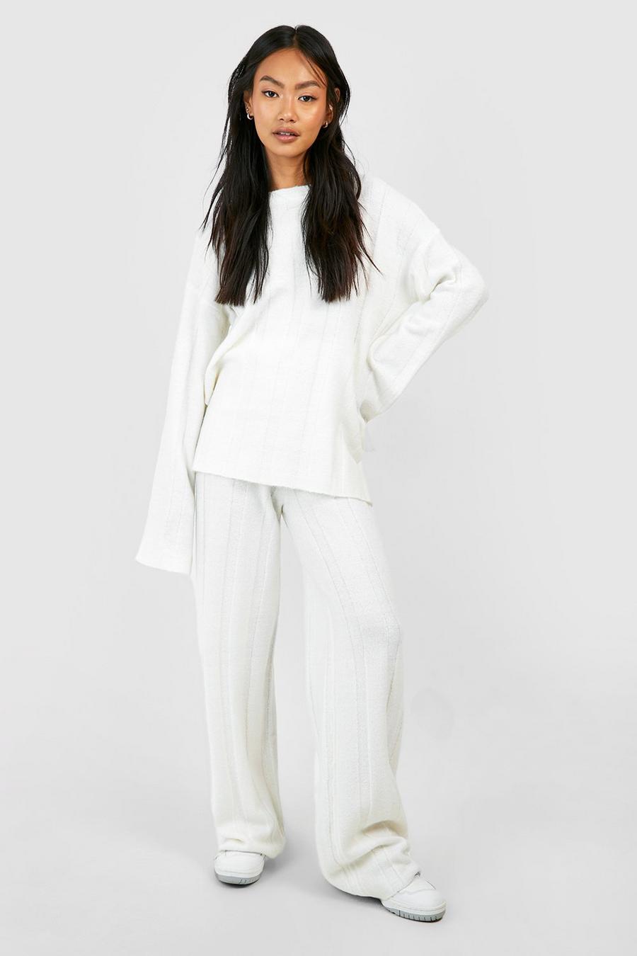 Ecru Soft Knit Wide Rib Jumper And Flares Knitted Co-ord