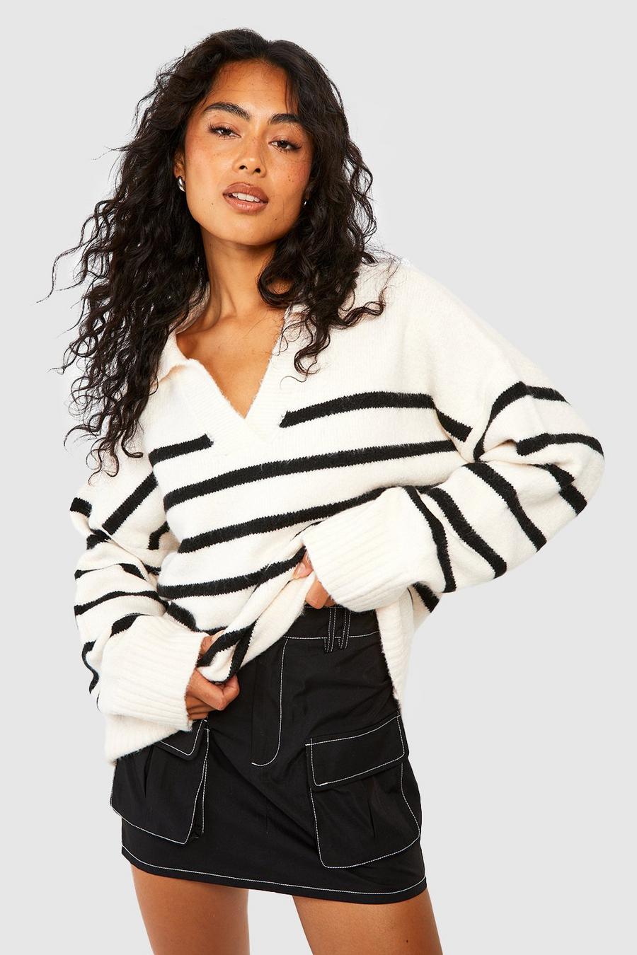 Ecru Soft Knit Stripe Polo Collar Sweater image number 1