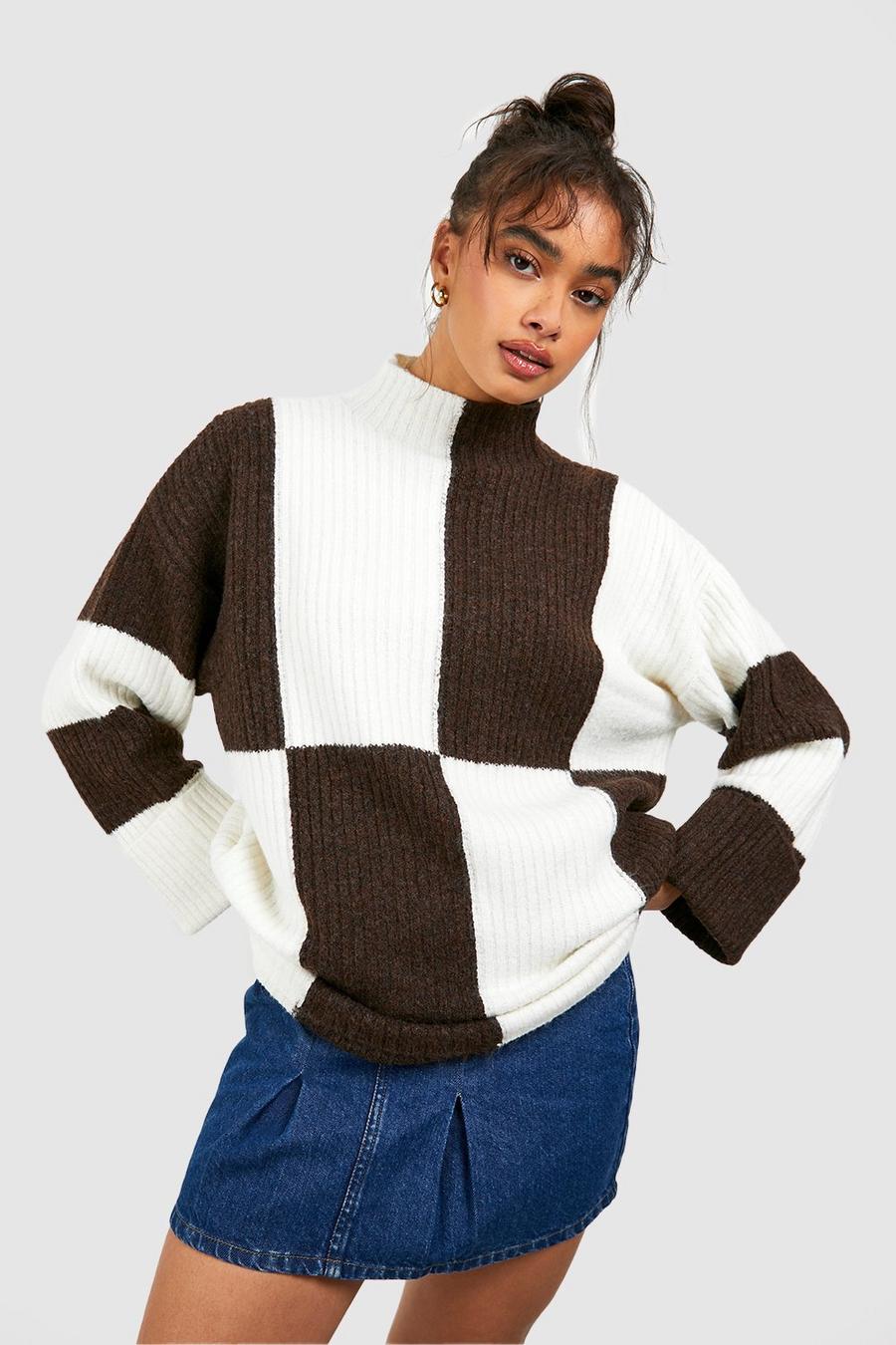 Chocolate Color Block High Neck Sweater image number 1