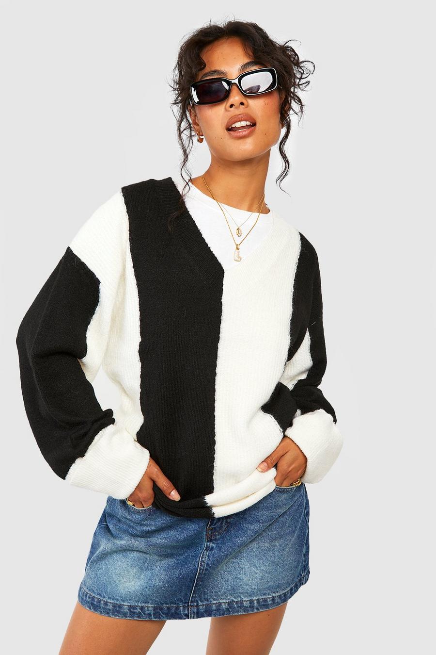 Oversize Pullover mit breiten Streifen, Black