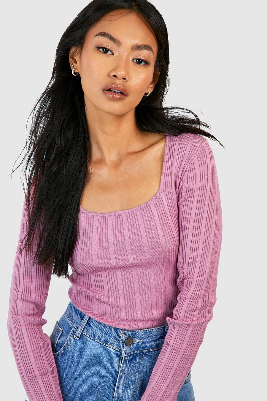 Mauve Mixed Rib Square Neck Knitted Top