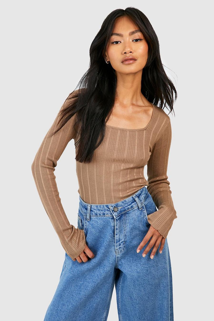 Taupe Mixed Rib Square Neck Knitted Top