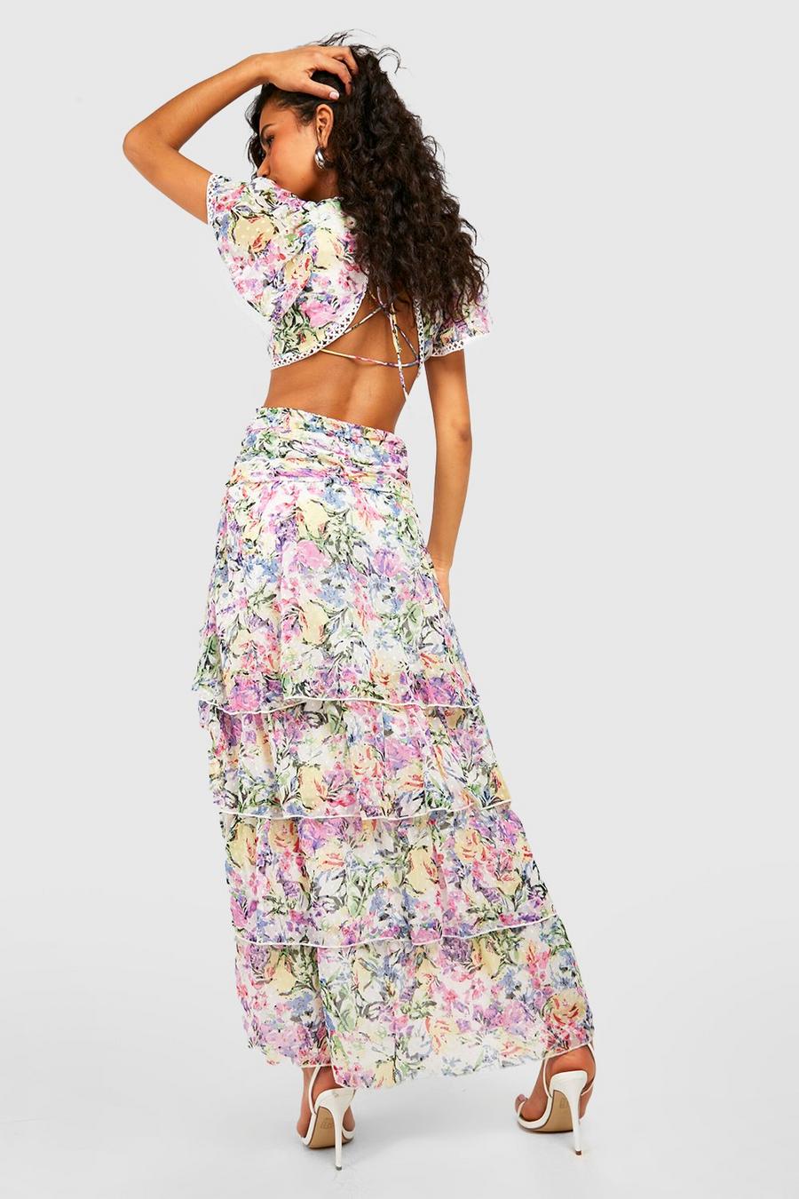 Vestito maxi in rete plumetis a fiori con arricciature e cut-out, Multi