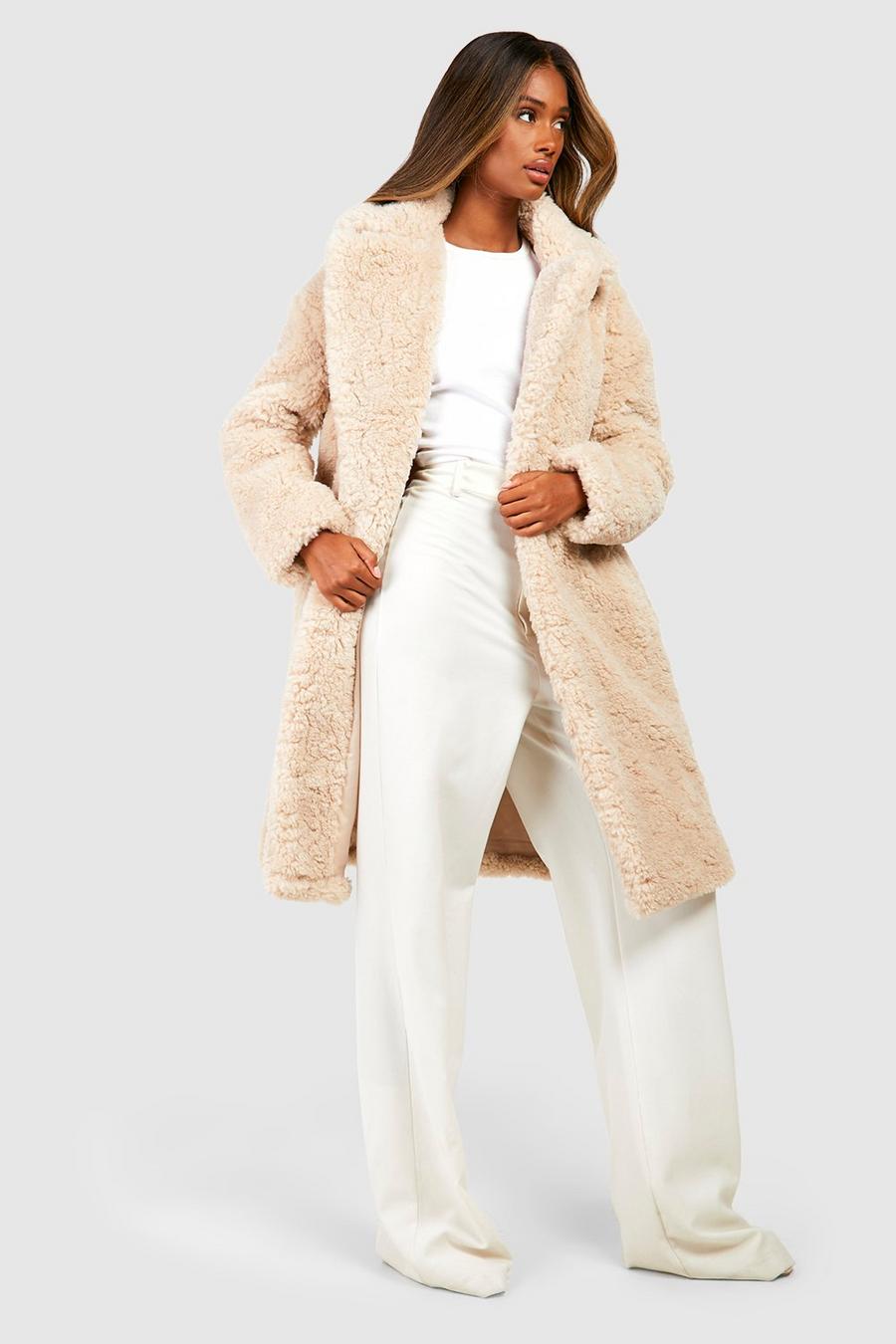 Sand Textured Belted Faux Fur Coat 
