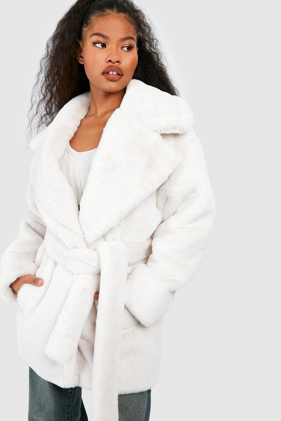 Cream Short Belted Faux Fur Coat   