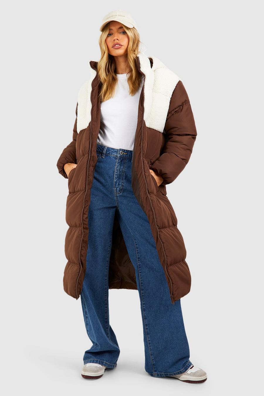 Chocolate Teddy Panelled Longline Puffer Jacket  image number 1