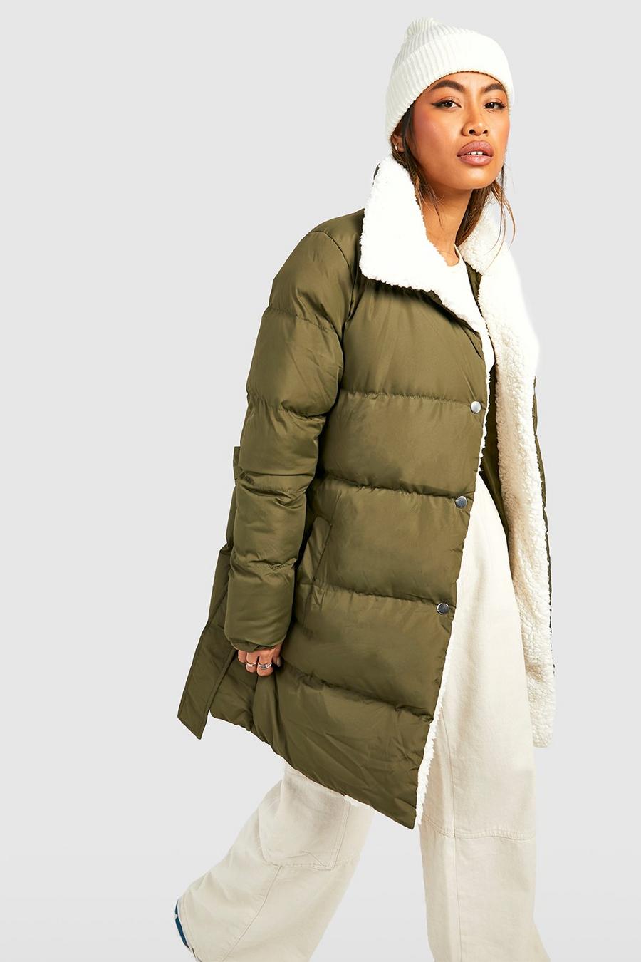Olive Teddy Trim Wrap Belted Puffer Jacket 