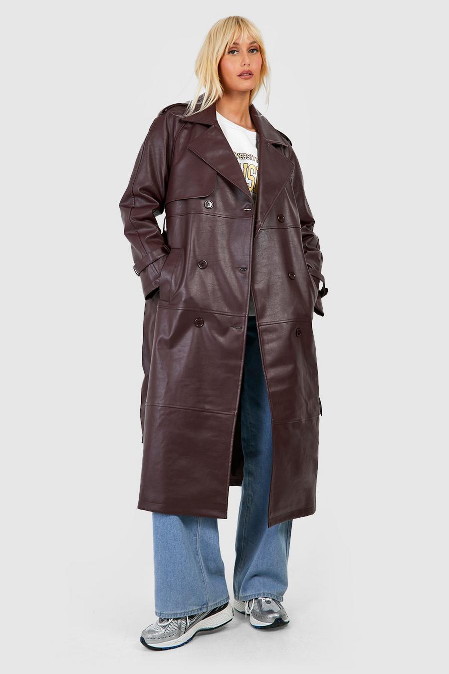 Wine Double Breast Faux Leather Maxi Trench Coat 