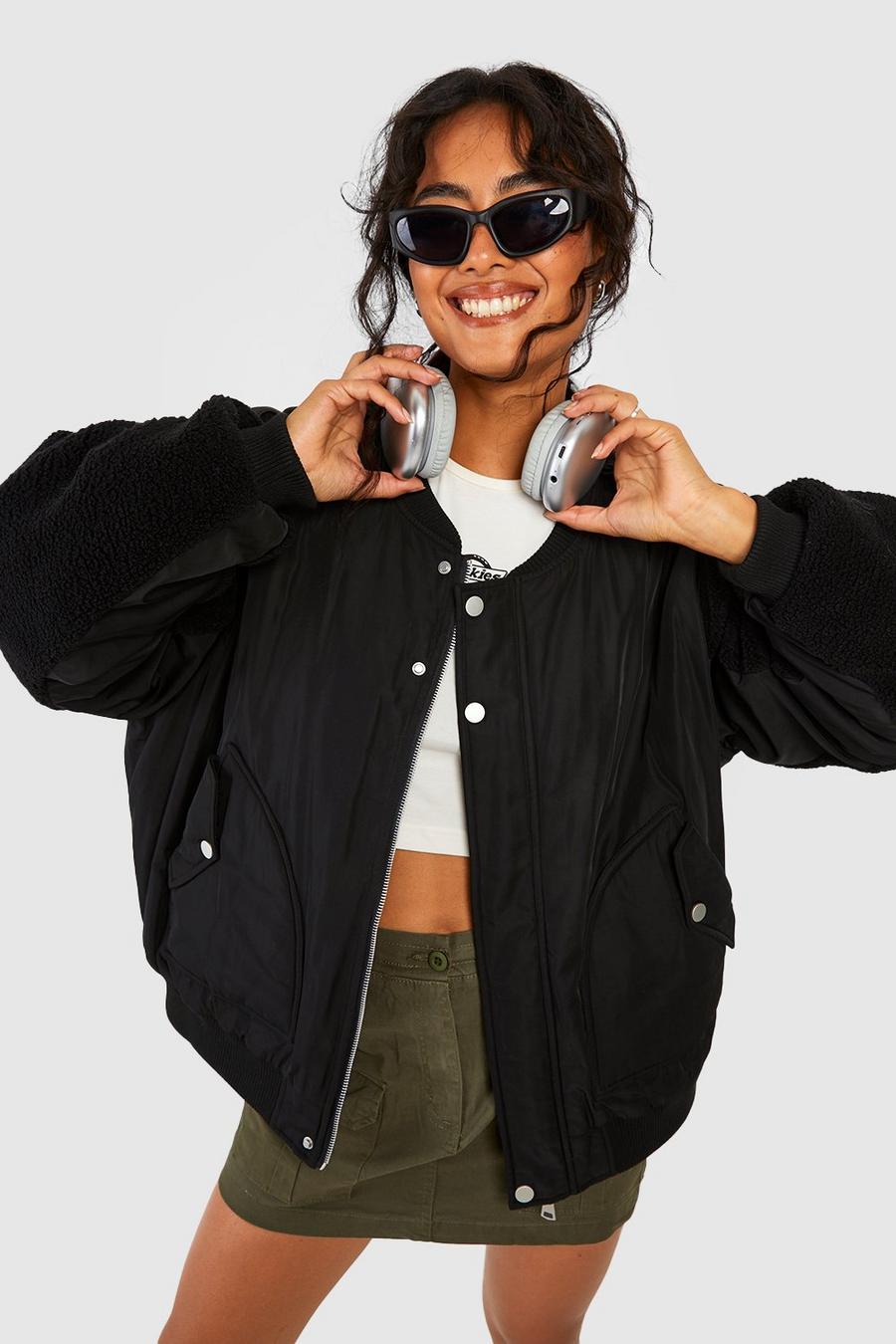 Black Teddy Sleeve Bomber Jacket 